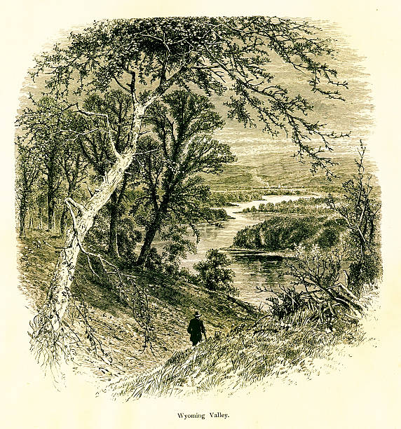 Antique illustration of Wyoming Valley in northeastern Pennsylvania, USA. Engraving published in Picturesque America (D. Appleton & Co., New York, 1872). MORE VINTAGE AMERICAN ILLUSTRATIONS HERE:
