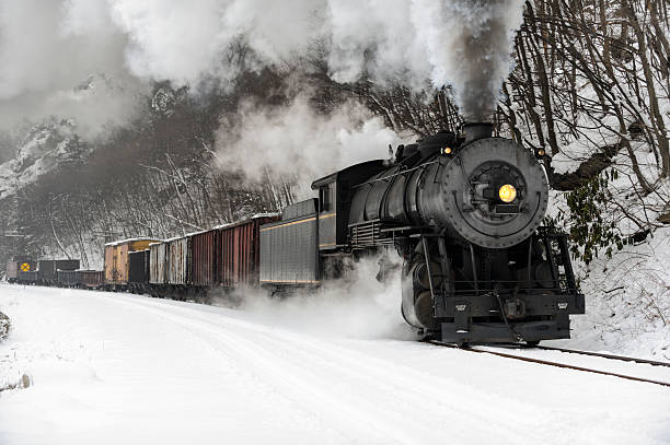 tren de carga con locomotora de vapor frío de humo en la nieve de invierno - locomotive steam train train snow fotografías e imágenes de stock