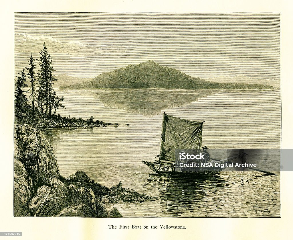 Primeiro barco no Lago Yellowstone, EUA/histórico de ilustrações americano - Royalty-free América do Norte Ilustração de stock