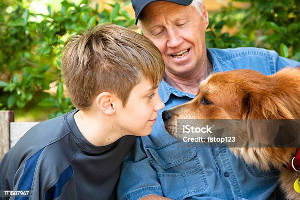 Großvater Und Enkel Im Freien Mit Haustier Hund Golden Retriever Stockfoto und mehr Bilder von Familie