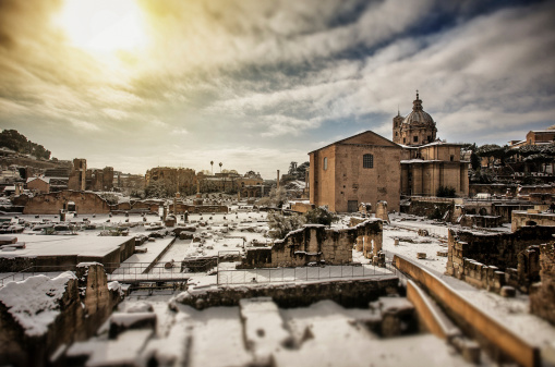 The Roman Forum after a snow storm in Rome.Age and tilt shift effects added to the image.ROME S.P.Q.R. Lightbox: