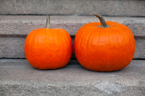 Three pumpkins sitting on porch steps