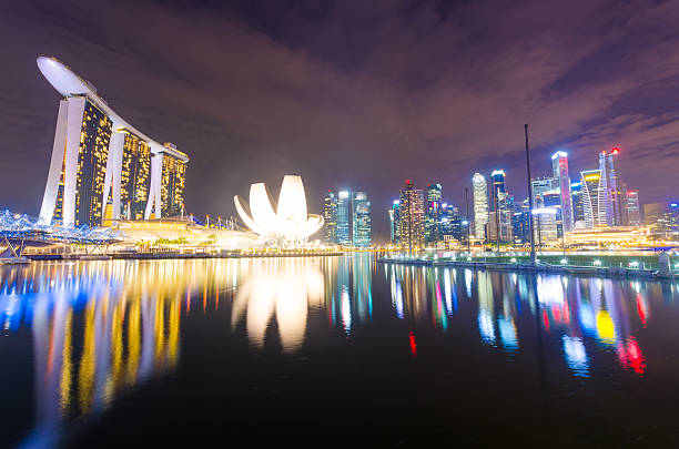 singapore skyline de noche con reflejo en río - merlion singapore marina bay lighting equipment fotografías e imágenes de stock