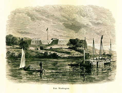 19th-century illustration of Fort Washington in the suburbs of Washington D.C.. Engraving published in Picturesque America (D. Appleton & Co., New York, 1872). 