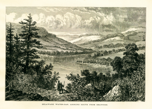 19th-century engraving of Delaware Water Gap on the border of New Jersey and Pennsylvania, USA. Illustration published in Picturesque America (D. Appleton & Co., New York, 1872). MORE VINTAGE AMERICAN ILLUSTRATIONS HERE: