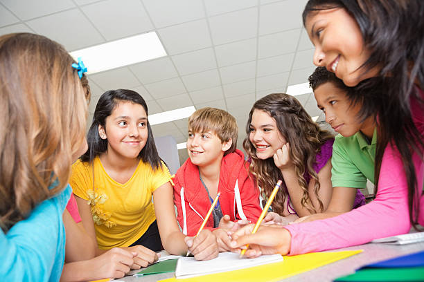 Team of middle school students working on project together