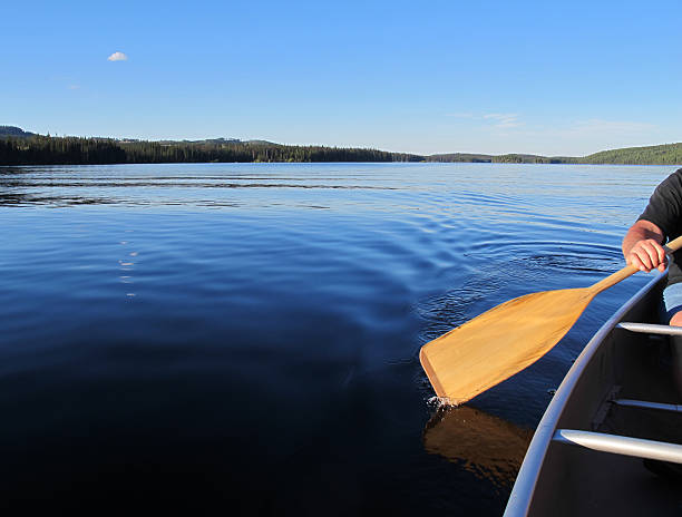 istock Man paddles canoe on tranquil lake 171588906