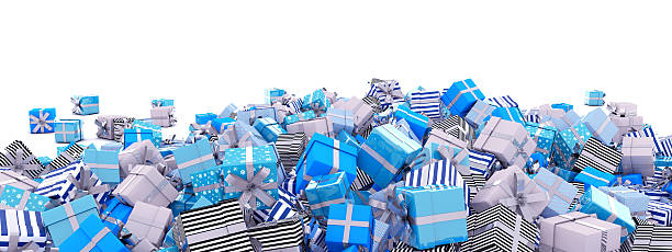 christmas presents with silver bow christmas presents with silver bow, isolated on white background stacked presents stock pictures, royalty-free photos & images