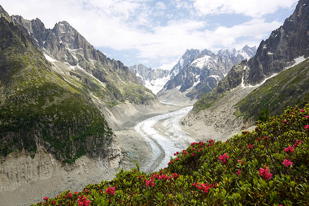 Group of Climbers Going up at Mont Blanc Summit in Chamonix, France. They are walking with backpack on this sunny day with clear sky and the Mont Blanc mountain summit is visible in the background.