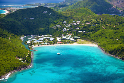 aerial view of a marina and a resort in Anse Marcel, St.Martin, French West Indies