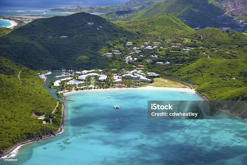 aerial view of a resort in St.Martin, French West Indies aerial view of a marina and a resort in Anse Marcel, St.Martin, French West Indies Sint Maarten Stock Photo