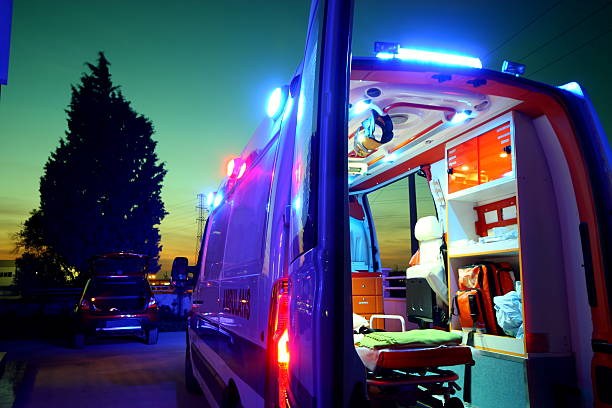 Emergency Emergency Ambulance at sunset. paramedic stock pictures, royalty-free photos & images