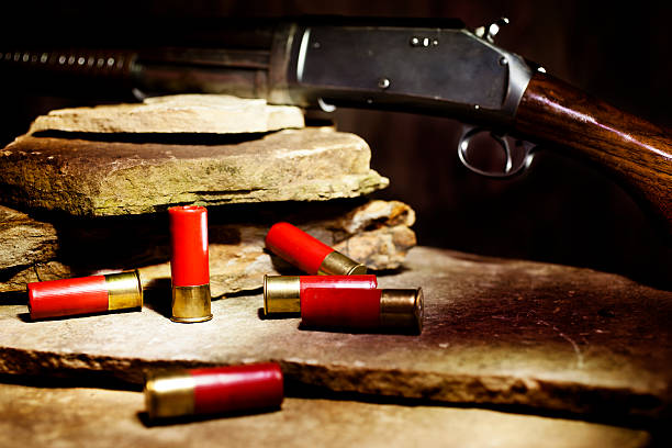 Shotgun and ammunition on rock shelf.  Selective focus on ammunition and edge of rock
