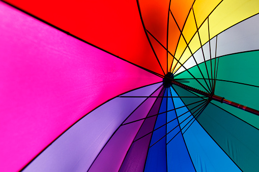 Umbrella gradient. Color of rainbow. Umbrella spokes. Rain protection.