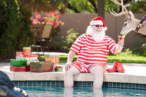 real santa e rudolph relaxante na piscina - hot drink fotos imagens e fotografias de stock