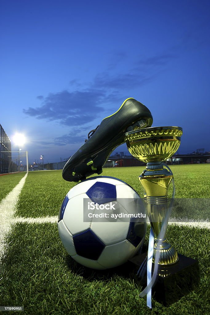 Soccer Field Football field and trophy award. Soccer Stock Photo