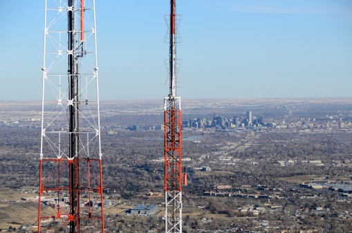 The skyline of Denver, Colorado from a distance with communications equipment in the foreground. Taken at Lookout Mountain.For more images of beautiful Denver, Colorado, please visit my lightbox.