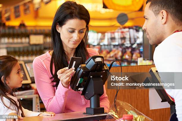 お客様のお支払いにはご家族でのお買い物のチェックアウト延期 - クレジットカードのストックフォトや画像を多数ご用意 - クレジットカード, スーパーマーケット, 支払い
