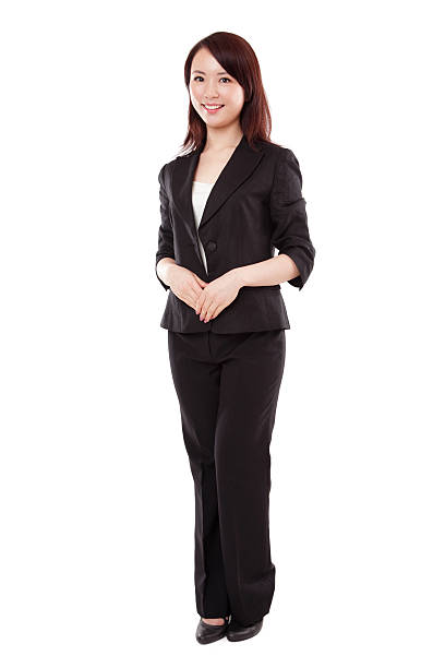 asiática atraente mulher de negócios em terno em fundo branco - women customer service representative service standing imagens e fotografias de stock