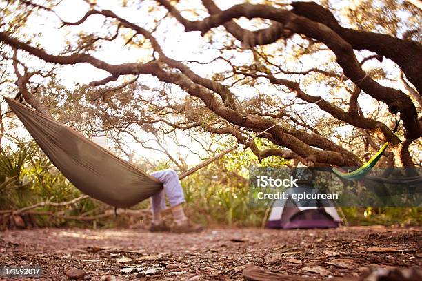 Photo libre de droit de Homme Relaxant Dans Un Hamac Tandis Que Le Camping Sous Un Arbre banque d'images et plus d'images libres de droit de 20-24 ans