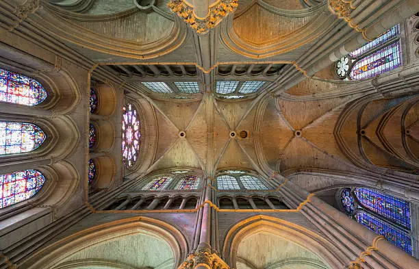 Magnificent perspective of Reims Cathedral vault (38 m high)  and its beautiful stained glasses. In this wonderful Roman Catholic cathedral, which celebrated its 800th anniversary in 2011, the kings of France were once crowned.Similar: