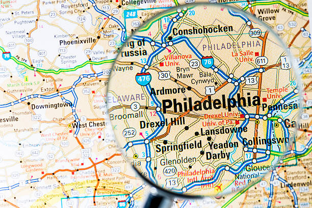 istock Cities under magnifying glass on map: Philadelphia 171592137