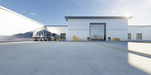 3d rendering of distribution center, warehouse exterior. Include  roller shutter, truck, box, forklift and space on concrete floor for industrial background and concept of logistics, import export.