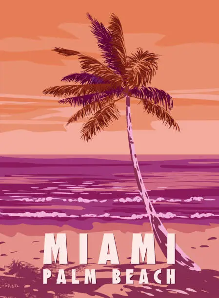 Vector illustration of Miami Palm Beach Retro Poster. Palm on the beach, coast, surf, ocean. Vector illustration vintage