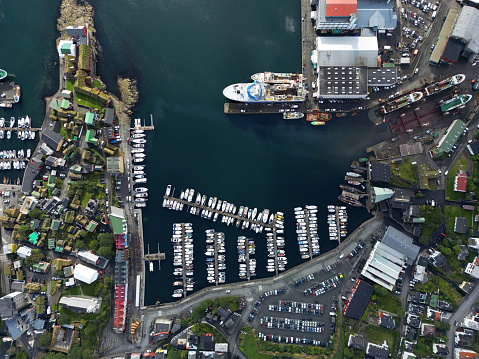 Aerial view of the harbour area and downtown capital of Torshavn on a sunny day on Faroe Islands.