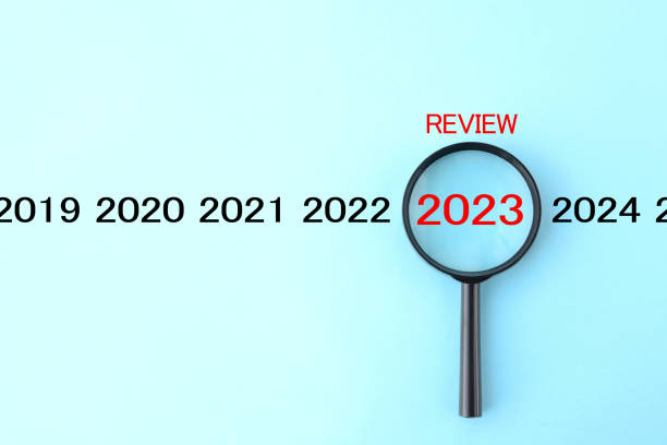 lupa i numer roczny 2023 ze słowem review - scrutiny analyzing finance data zdjęcia i obrazy z banku zdjęć