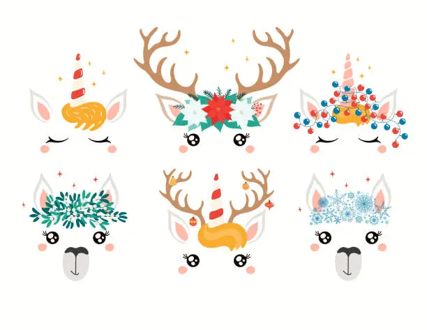 Vector illustration of halloween xmas unicorns sets