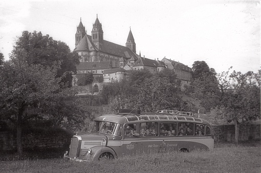 Franconia, Bavaria, Germany, 1956. Berlin secondary school students on a school trip by bus in Franconia.