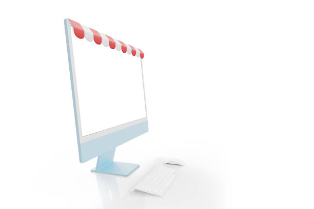 Computer display with red white shop awning concept. Isolated screen for mockup, app, web page or product presentation