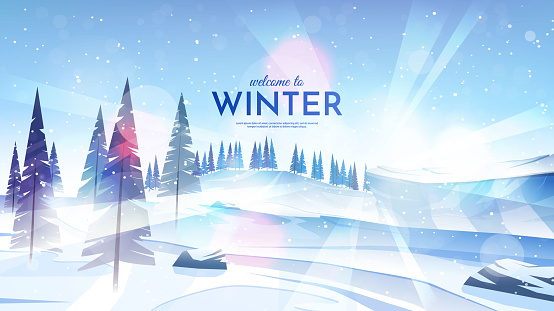 Vector illustration. Flat landscape. Snowy background. Shiny blue sky. Forest trees, footpath, mountains and hills. Flat wallpapers set. Winter season. Design for website. Bokeh lights. Outdoor scene
