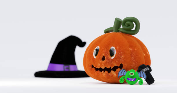 istock Macro focus Halloween pumpkin doll on white background from 3D render design. 1715957500