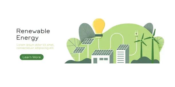 Vector illustration of Renewable Energy Concept. Light Bulb with Wind Turbine and Solar Energy Panels. Green Energy Technology. Ecology, Environment and Pollution. Vector Illustration.
