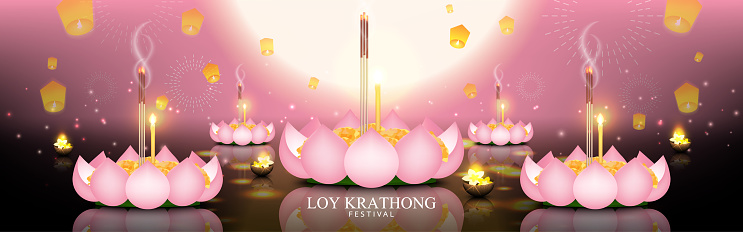 Loy Krathong Festival. Night celebration with Krathong-made from pink lotus petals floating on river. Thailand tradition culture. Vector illustration.