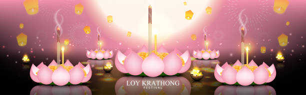 Loy Krathong Festival. Night celebration with Krathong-made from pink lotus petals floating on river.  Vector illustration. Loy Krathong Festival. Night celebration with Krathong-made from pink lotus petals floating on river. Thailand tradition culture. Vector illustration. loi krathong stock illustrations