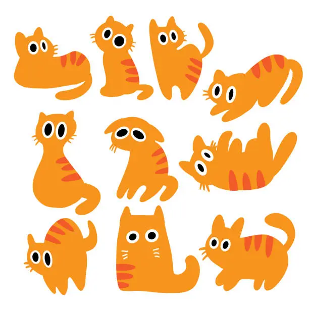 Vector illustration of Orange cat cartoon drawing Bundle set