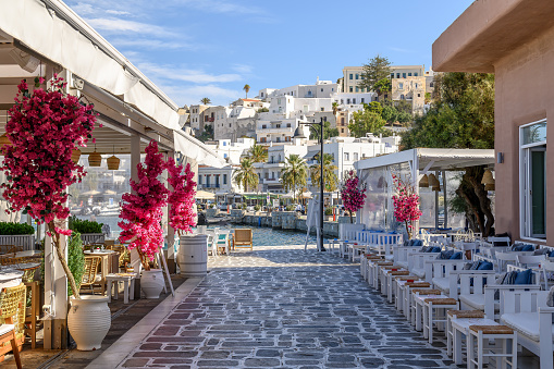 Naxos, Greece - September 20, 2023: Street in Naxos Chora old town,  Naxos island, Greece Cyclades