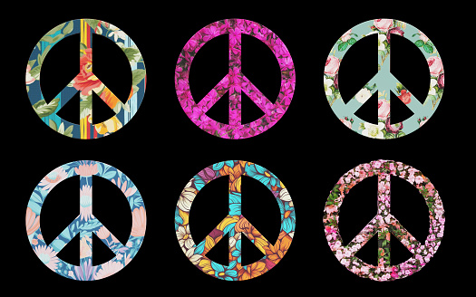 3D rendering of a set of colorful peace symbols on black background, peace and no war concept