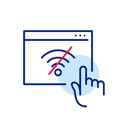 Finger clicking on no wifi symbol in browser. Pixel perfect, editable stroke icon