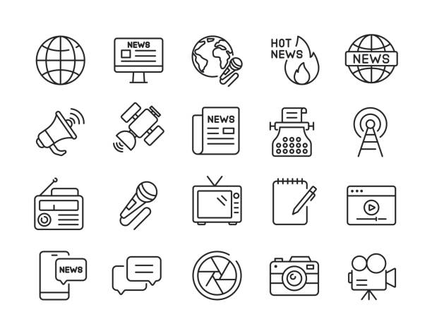 illustrazioni stock, clip art, cartoni animati e icone di tendenza di icone a linee sottili dei mass media. tratto modificabile. per la progettazione di siti web marketing, logo, app, modello, interfaccia utente, ecc. illustrazione vettoriale. - mass media