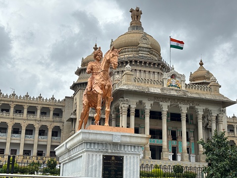Bangalore,Karnataka,India-September 30, 2023: Exclusive day shots of the statues in front of  Vidhana Soudha building which is in background  on a overcast day