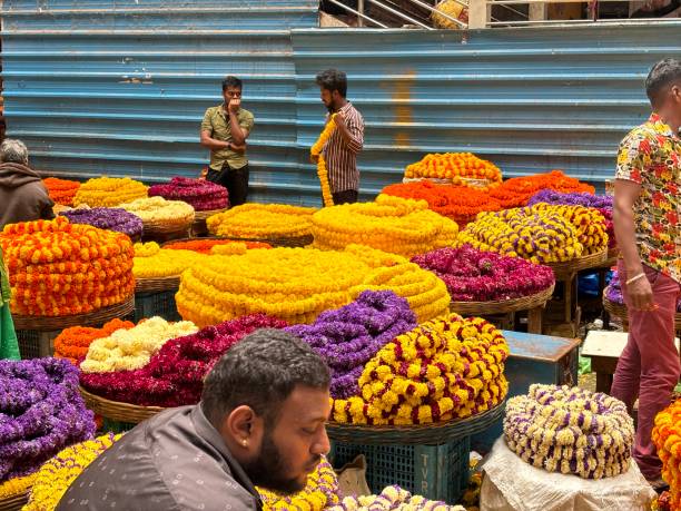 exclusive day shots of people and flowers in kr market in bengaluru - india bangalore flower business imagens e fotografias de stock