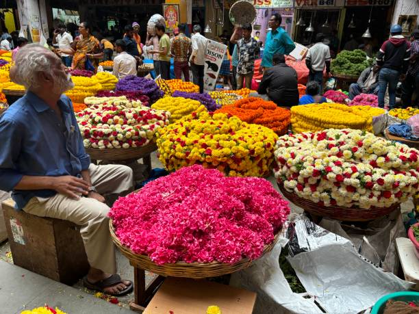 벵갈루루의 kr 시장에서 사람과 꽃의 독점적인 하루 �사진 - india bangalore flower business 뉴스 사진 이미지