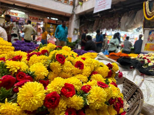 벵갈루루의 kr 시장에서 사람과 꽃의 독점적인 하루 사진 - india bangalore flower business 뉴스 사진 이미지