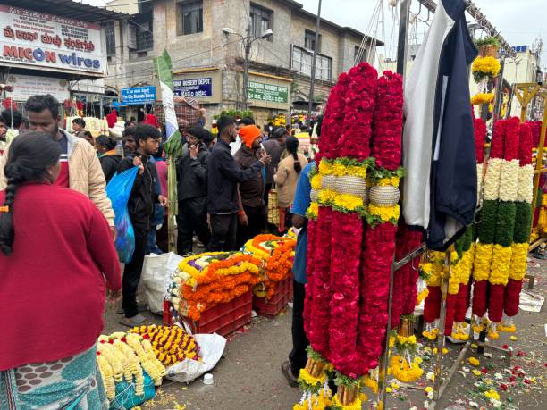 벵갈루루의 kr 시장에서 사람과 꽃의 독점적인 하루 사진 - india bangalore flower business 뉴스 사진 이미지
