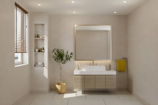 キャビネット、鏡、鉢植えの植物を備えたモダンなバスルーム - bathroom sink window bathroom house ストックフォトと画像