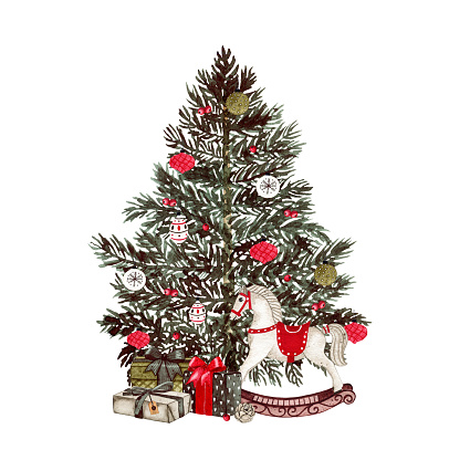Watercolor Christmas tree, balls, rocking horse and gift boxes isolated on white background. Winter holiday xmas celebration illustration
